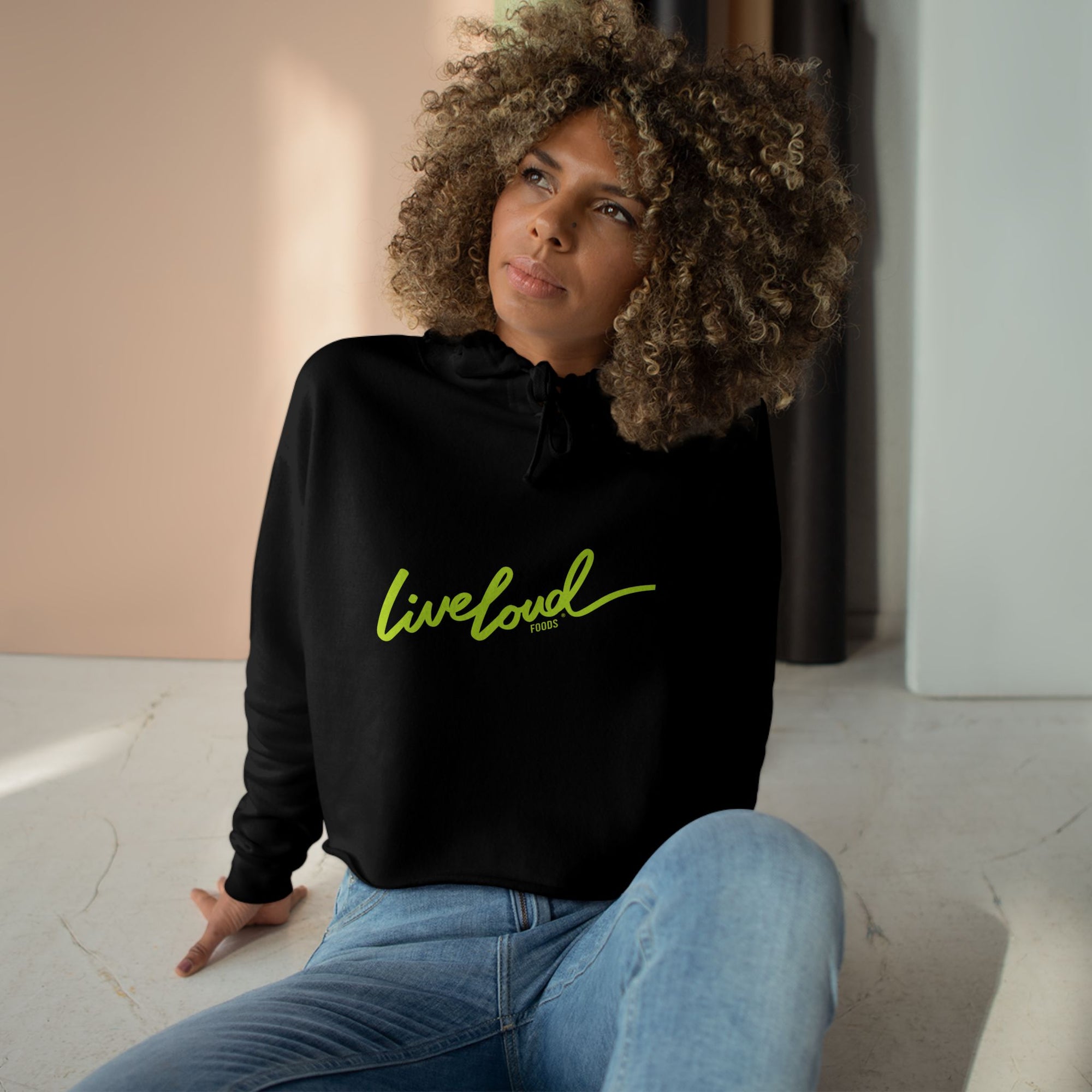 Live Loud Crop Hoodie - Stylish Black Hooded Sweatshirt for Inspirational Vibes