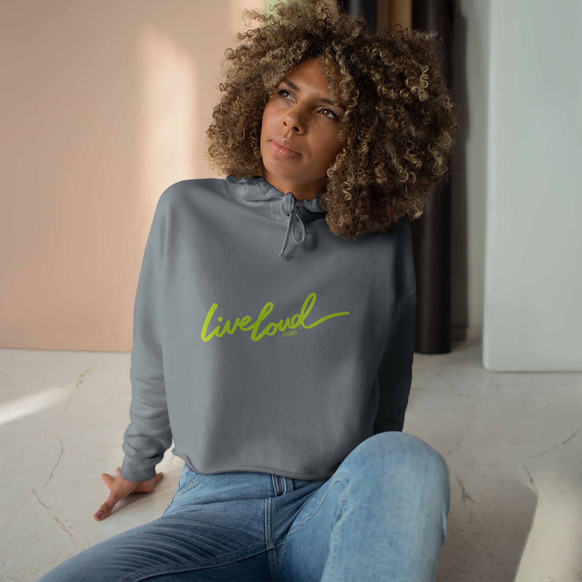 Live Loud Crop Hoodie - Stylish Black Hooded Sweatshirt for Inspirational Vibes